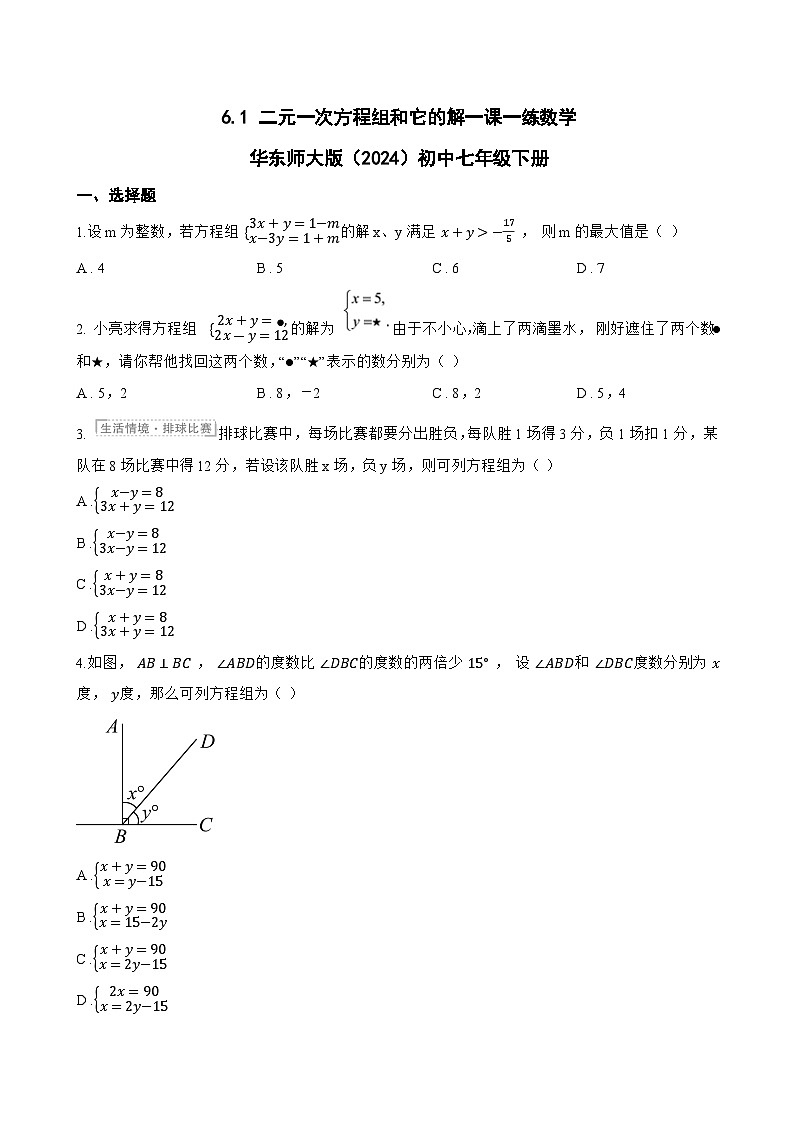 6.1 二元一次方程组和它的解一课一练数学华东师大版（2024）初中七年级下册(无答案)第1页