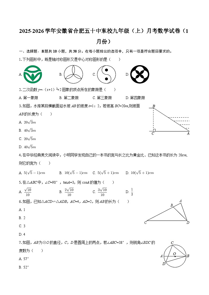 2025-2026学年安徽省合肥五十中东校九年级（上）月考数学试卷（1月份）-自定义类型第1页