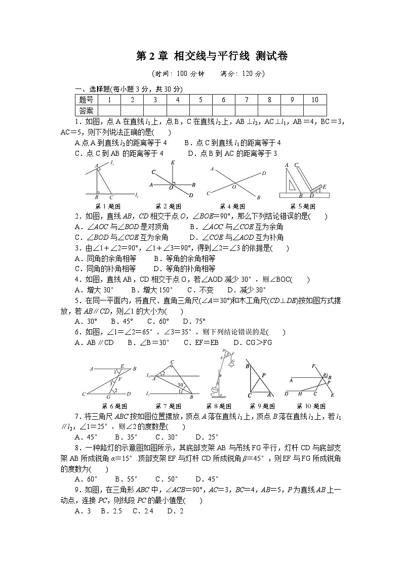 第2章 相交线与平行线 测试卷同步练习北师大版数学七年级下册（含答案）第1页