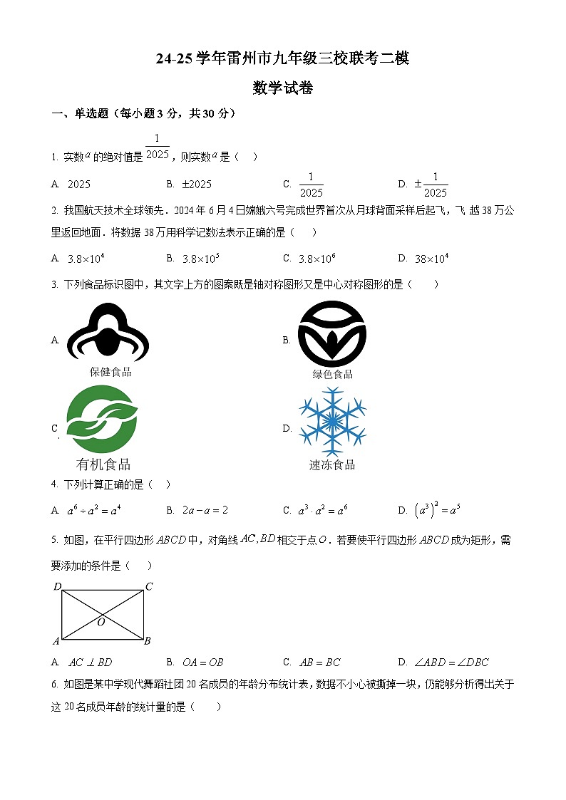 2025年广东省湛江市雷州市三校中考二模数学试题（原卷版）第1页