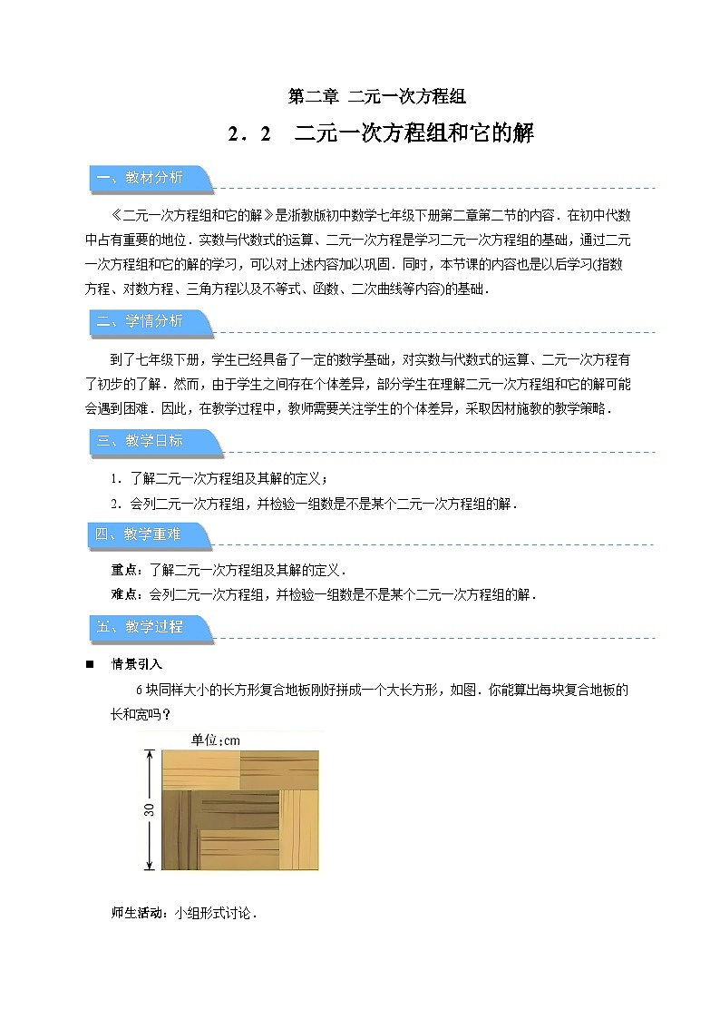 2.2二元一次方程组和它的解 教案 初中数学浙教版（2024）七年级下册第1页