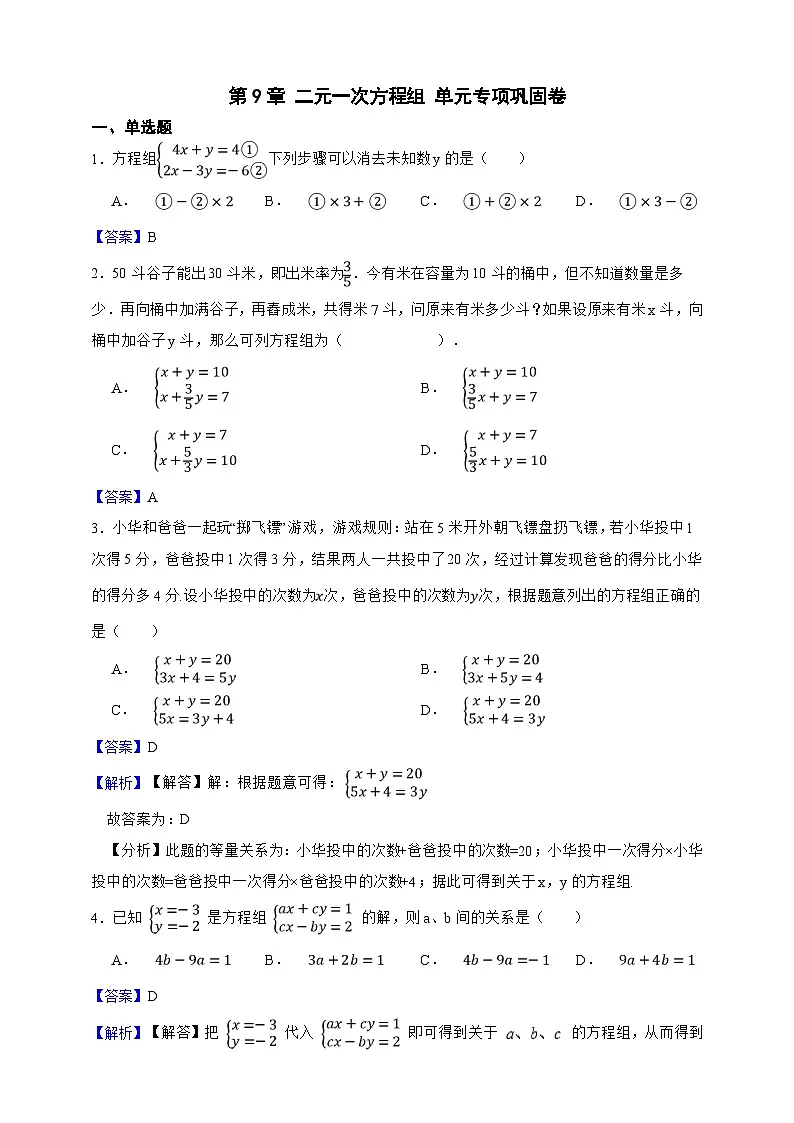 第9章 二元一次方程组 单元专项巩固卷（解析版）第1页