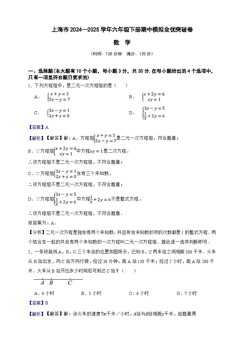 上海市2024—2025学年六年级数学下册期中模拟全优突破卷（解析版）第1页