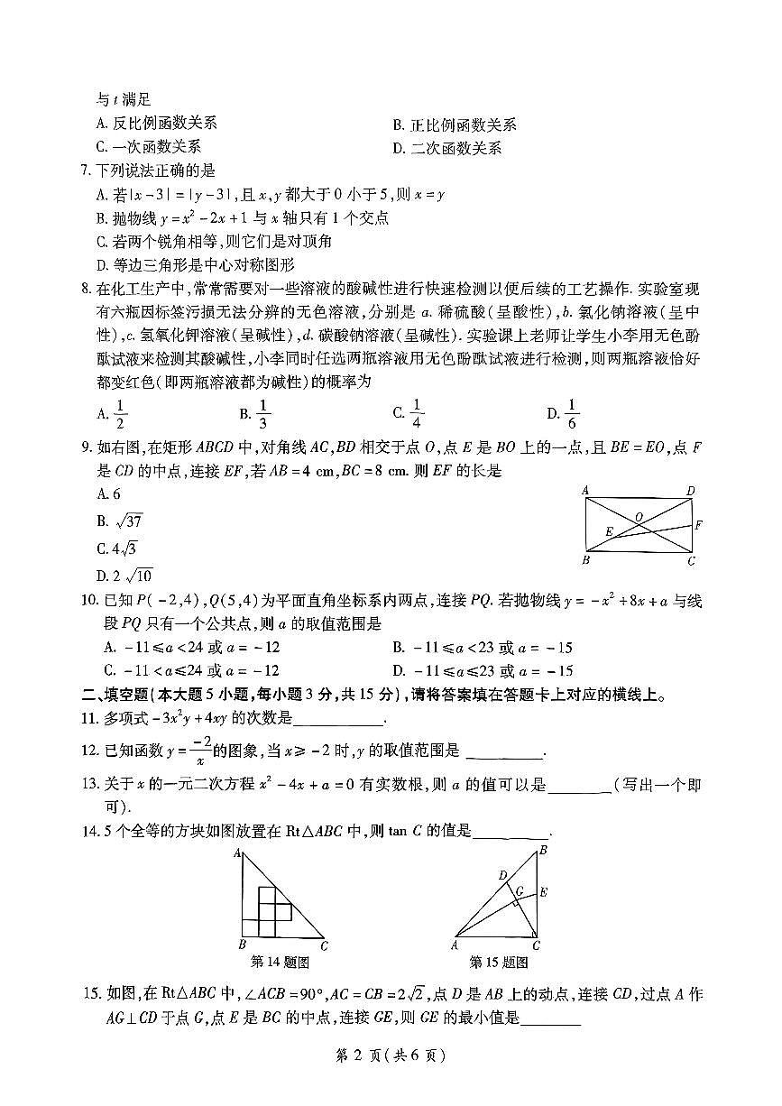 2025年广东省东莞市石碣新民学校初中学业水平考试数学冲刺卷（一）第2页