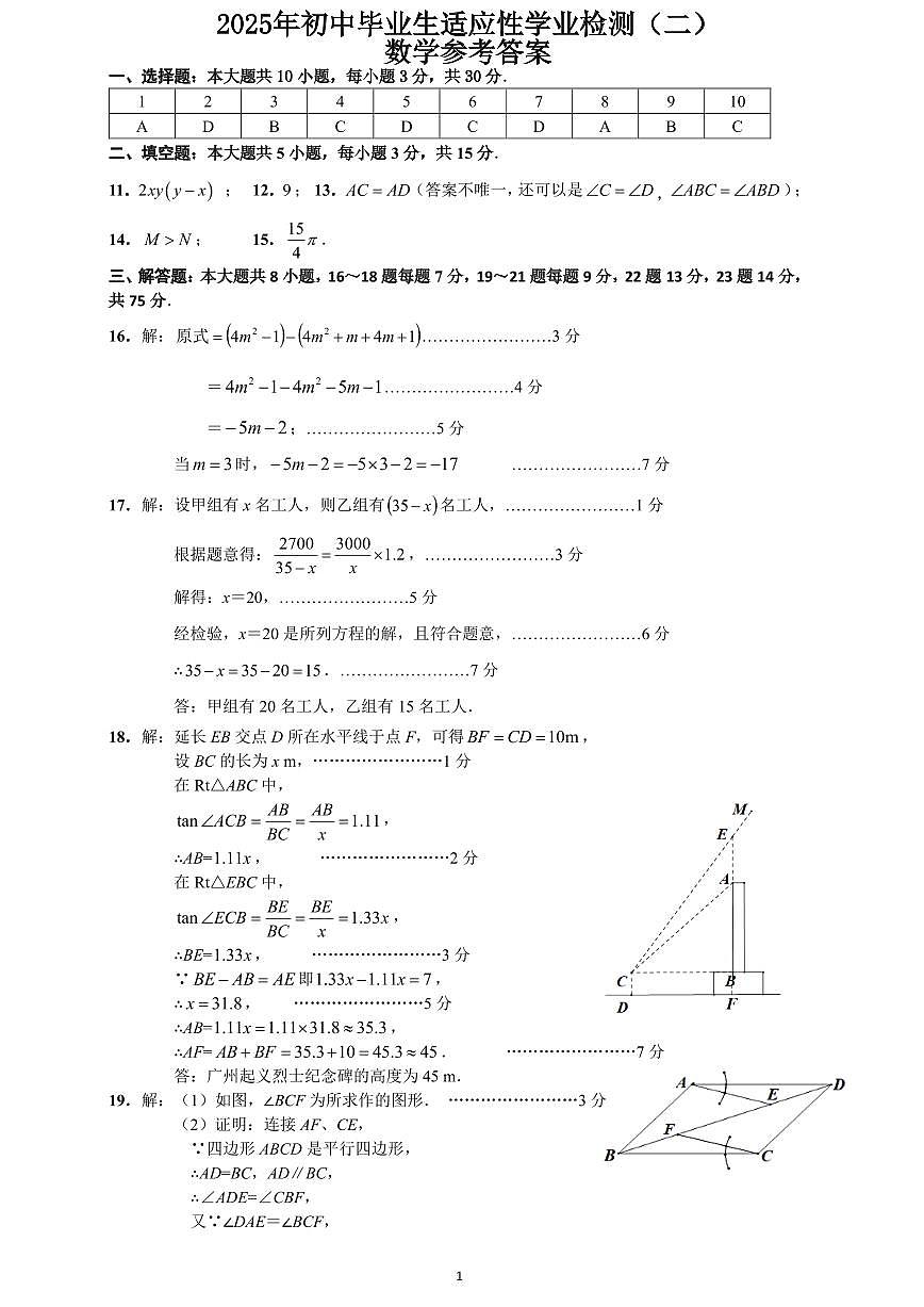 2025年初中毕业生适应性学业检测（二）-数学答案第1页