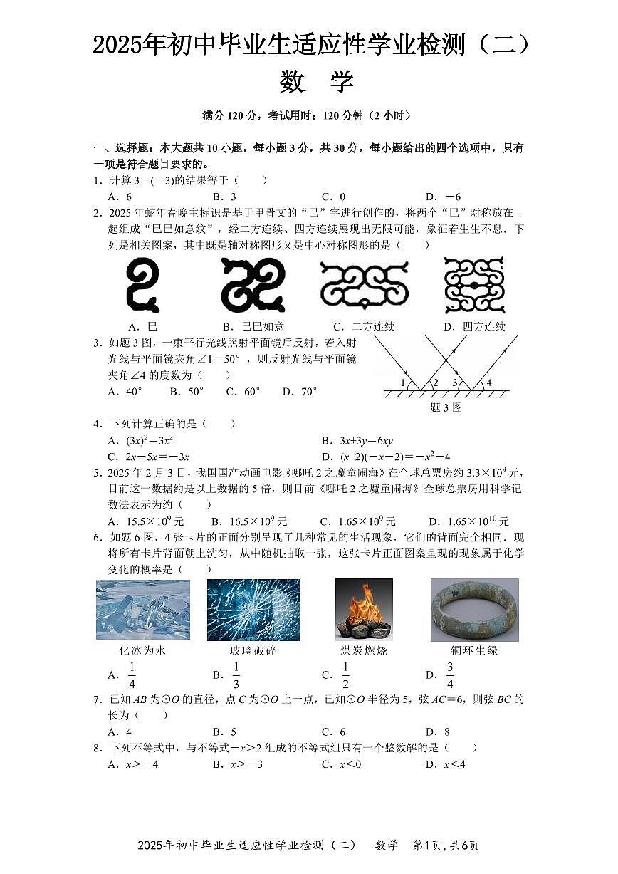 2025年初中毕业生适应性学业检测（二）-数学试卷第1页