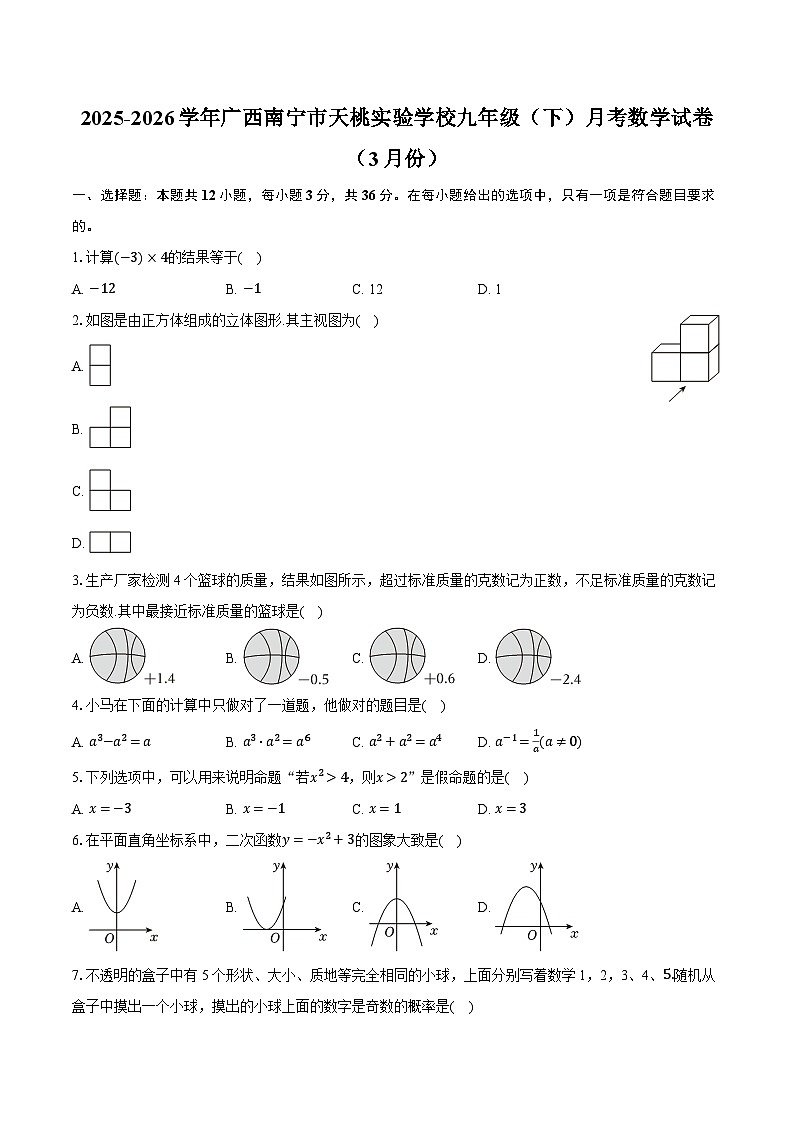 2025-2026学年广西南宁市天桃实验学校九年级（下）月考数学试卷（3月份）（含答案+解析）第1页