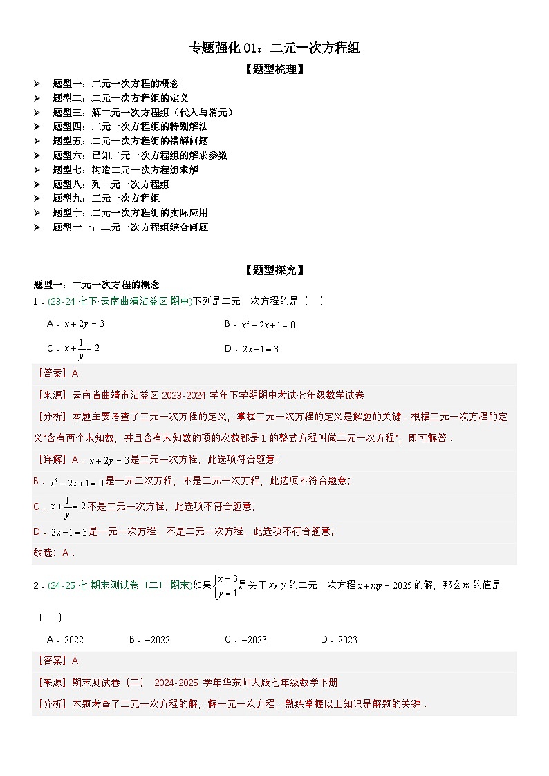 专题强化01：二元一次方程组 解析版第1页