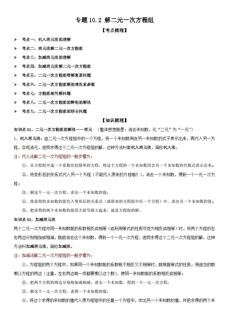 专题10.2 解二元一次方程组 原卷版第1页