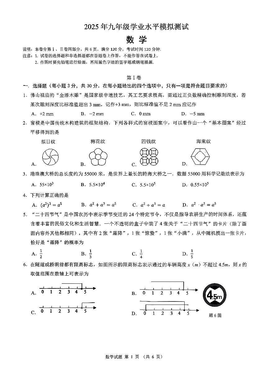 2025年九年级学业水平模拟测试数学卷第1页