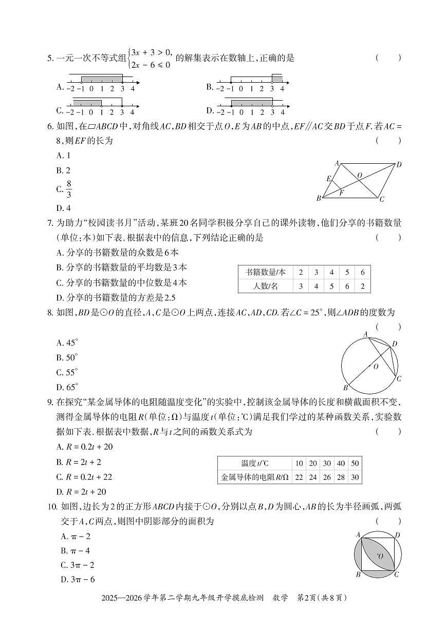 【数学】2025-2026学年第二学期九年级开学摸底检测第2页