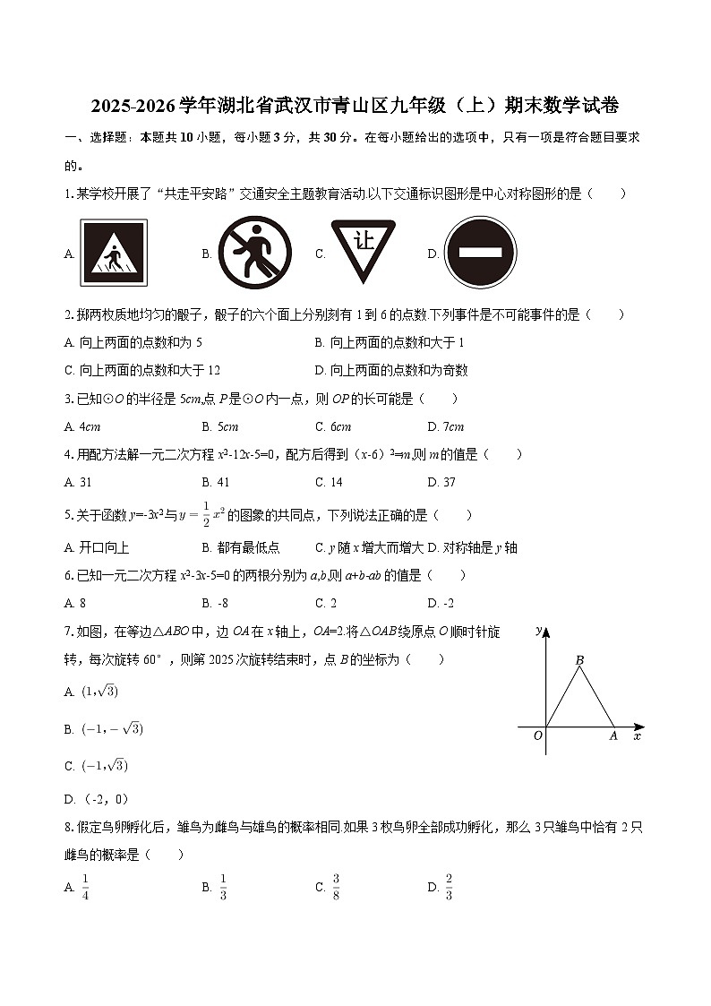 2025-2026学年湖北省武汉市青山区九年级（上）期末数学试卷-自定义类型第1页