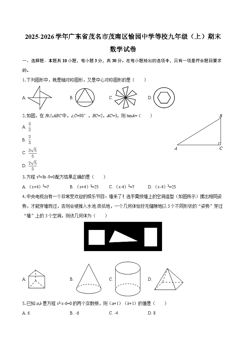 2025-2026学年广东省茂名市茂南区愉园中学等校九年级（上）期末数学试卷-自定义类型第1页