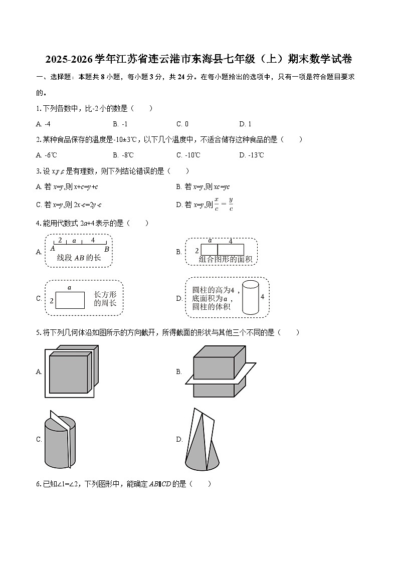 2025-2026学年江苏省连云港市东海县七年级（上）期末数学试卷-自定义类型第1页