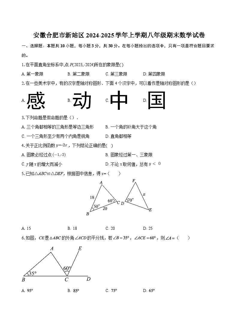 安徽合肥市新站区2024-2025学年上学期八年级期末数学试卷-自定义类型第1页