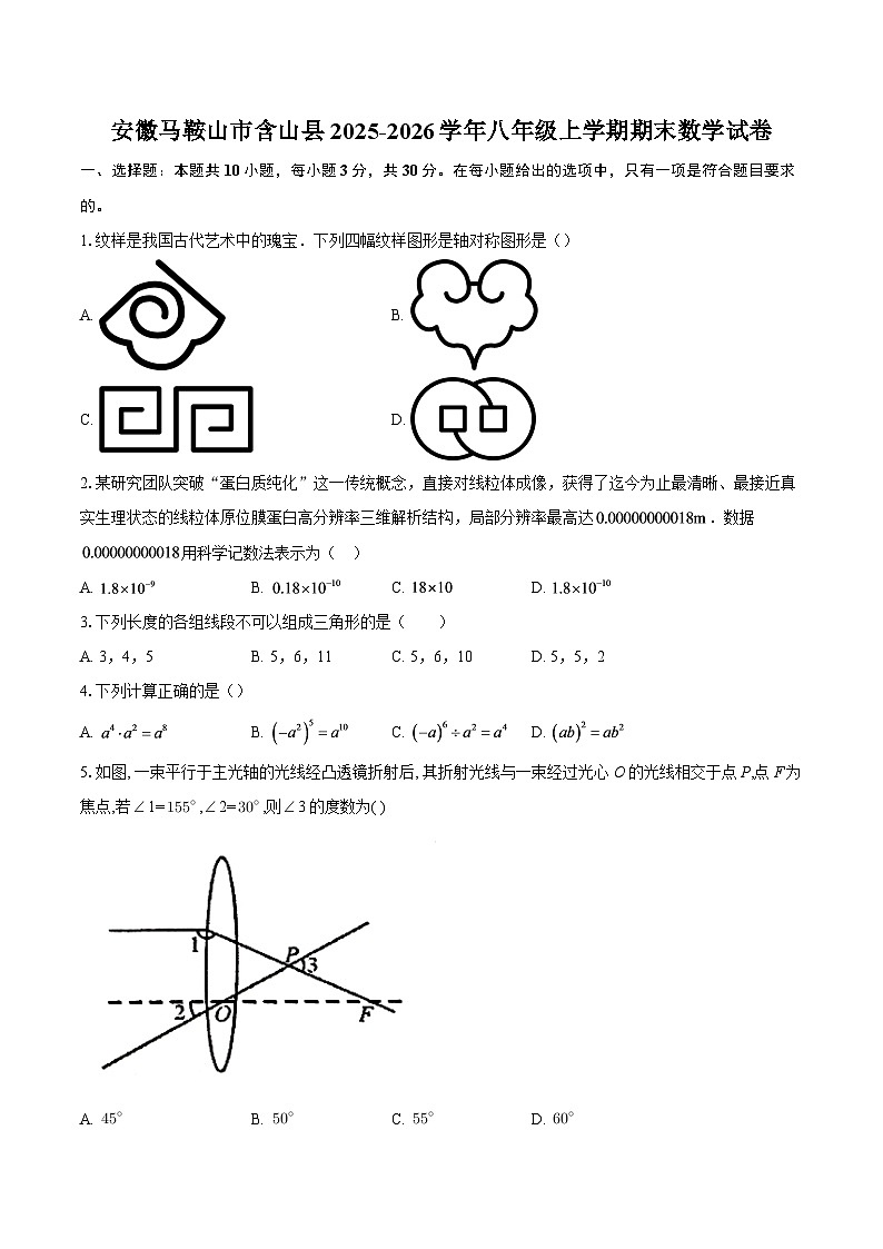 安徽马鞍山市含山县2025-2026学年八年级上学期期末数学试卷-自定义类型第1页