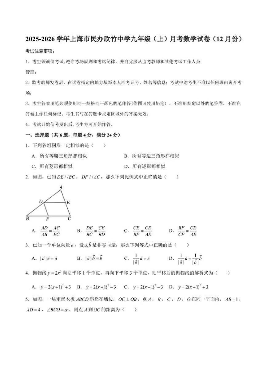 2025-2026学年上海市民办欣竹中学九年级（上）月考数学（12月份）试卷(含答案)第1页