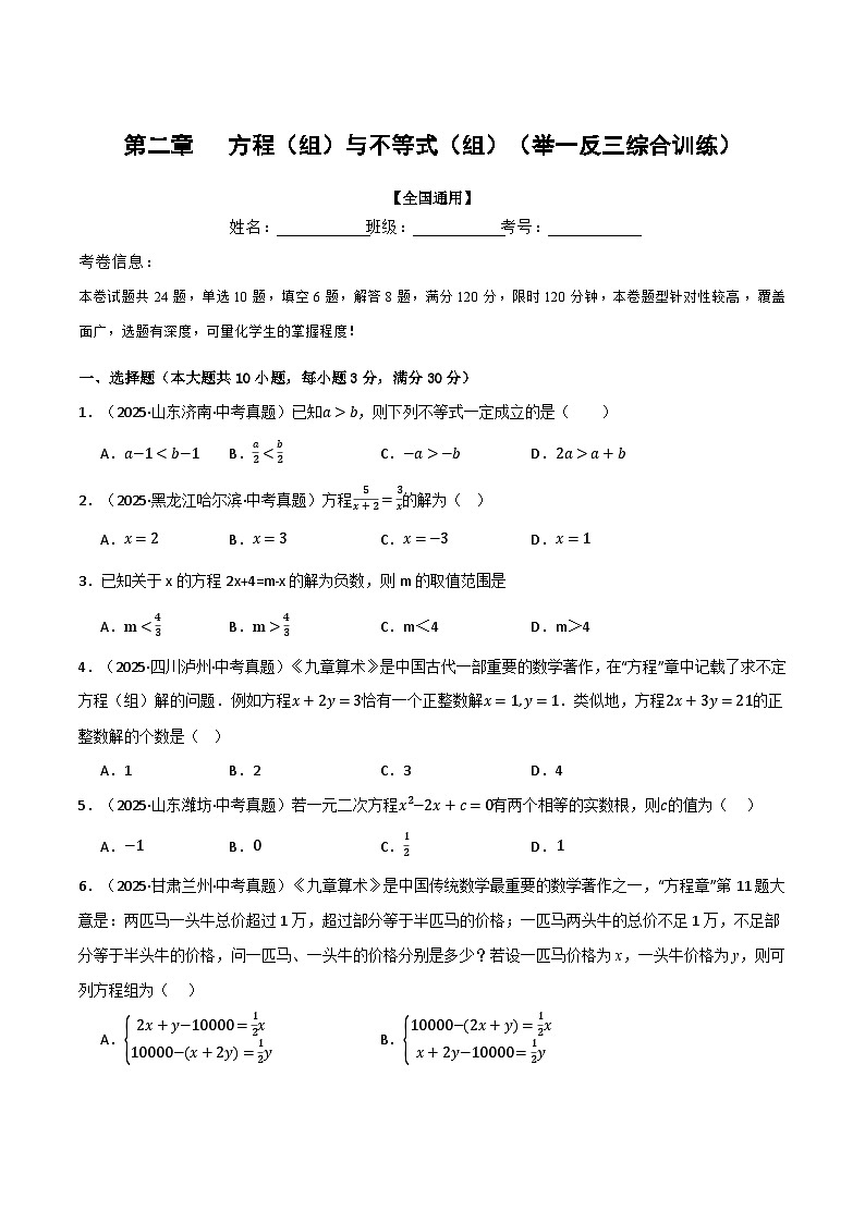 第二章 方程（组）与不等式（组）（举一反三综合训练）（试题版）第1页