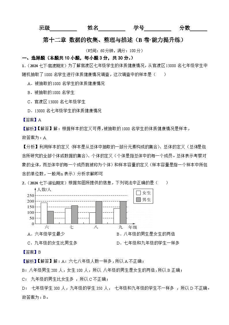 第十二章 数据的收集、整理与描述（B卷·能力提升练）（解析版）-【单元测试】七年级数学下册分层训练AB卷（人教版）第1页