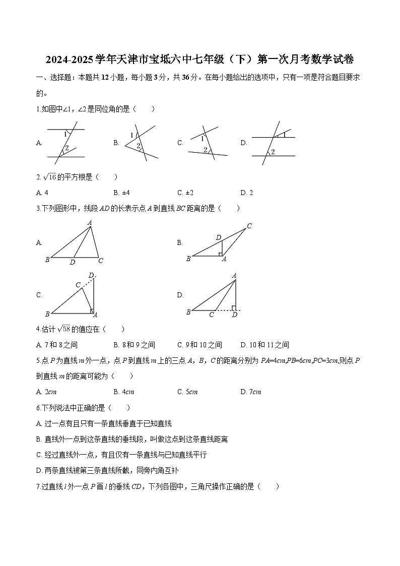 天津市宝坻区宝坻六中2024-2025学年七年级下学期第一次月考 数学试题第1页