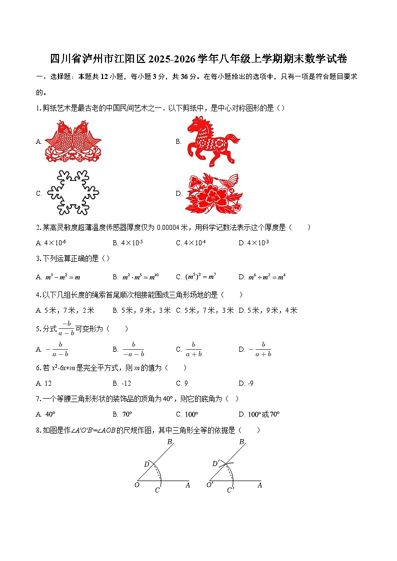 四川省泸州市江阳区2025-2026学年八年级上学期期末数学试卷-自定义类型第1页