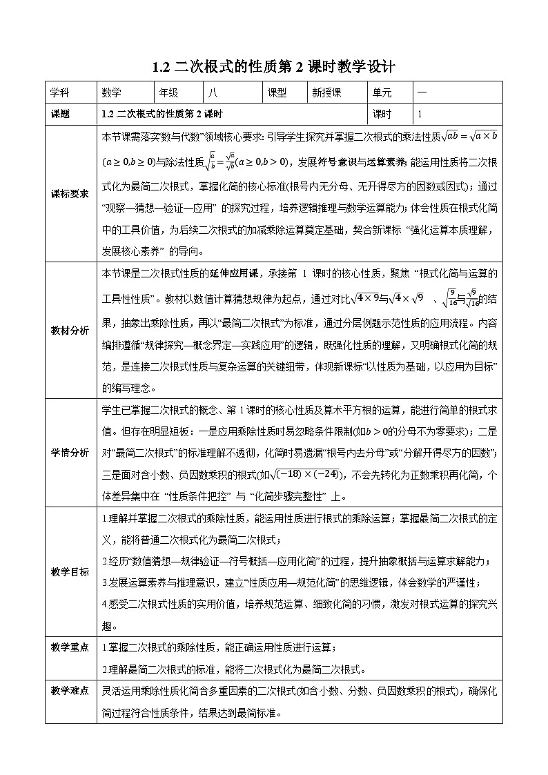 1.2二次根式的性质 第2课时 教学设计 浙教版（2024）初中数学八年级下册第1页