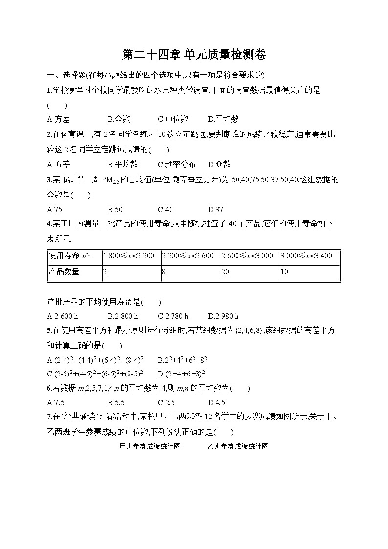 人教版（2024）数学八年级下册 第24章 数据的分析 单元质量检测卷（试卷含答案）第1页