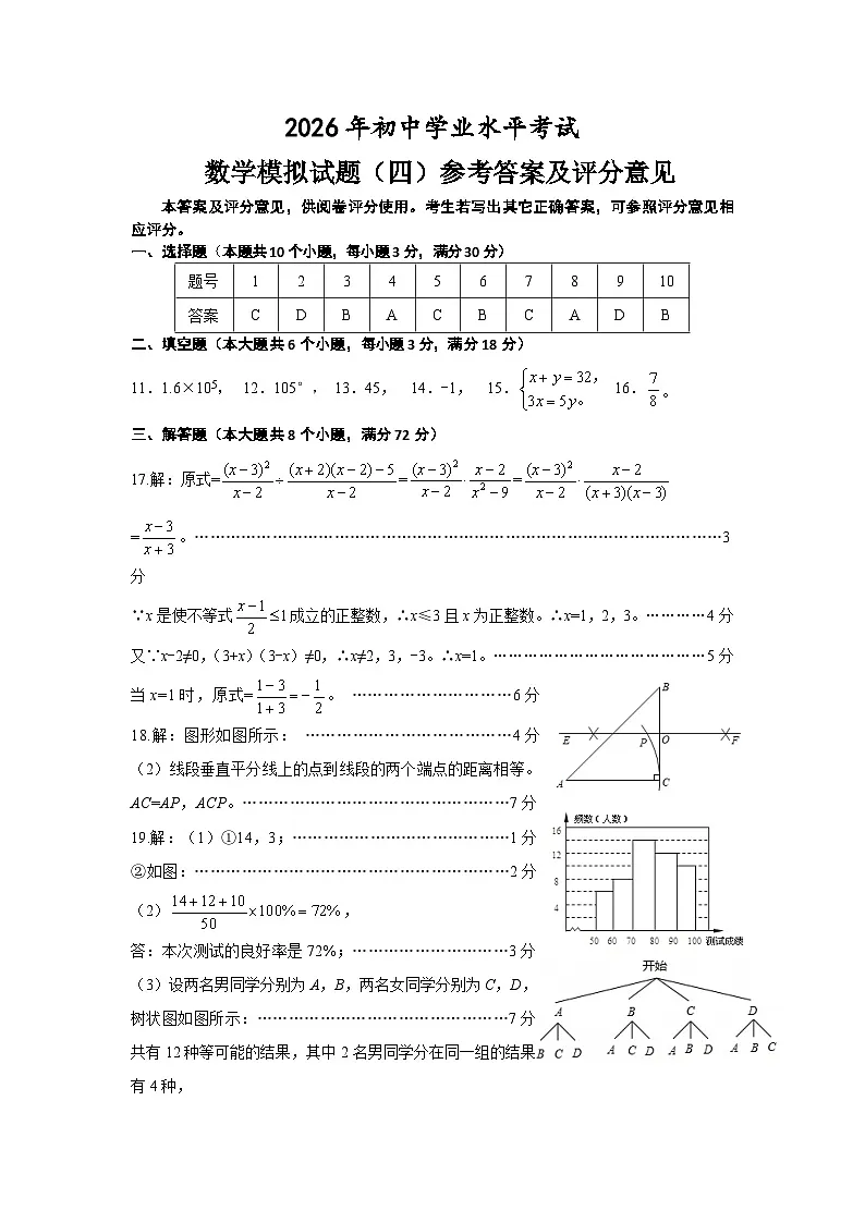 2026年初中学业水平考试数学模拟（四）参考答案第1页