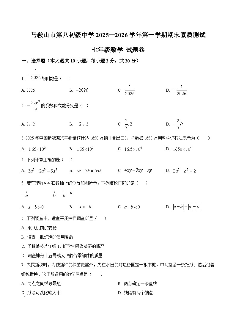 安徽马鞍山市第八初级中学2025-2026学年上学期七年级数学期末试题卷第1页