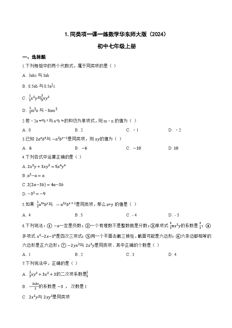 1. 同类项一课一练数学华东师大版（2024）初中七年级上册(无答案)第1页