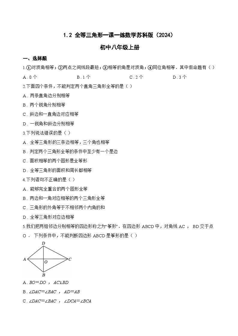 1.2 全等三角形一课一练数学苏科版（2024）初中八年级上册(无答案)第1页