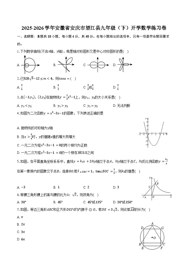 2025-2026学年安徽省安庆市望江县九年级（下）开学数学练习卷（含答案+解析）第1页
