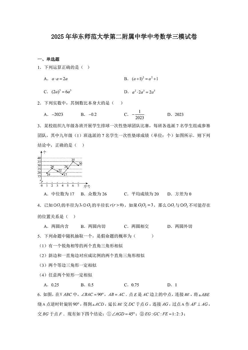 2025年华东师范大学第二附属中学中考数学三模试卷含答案第1页