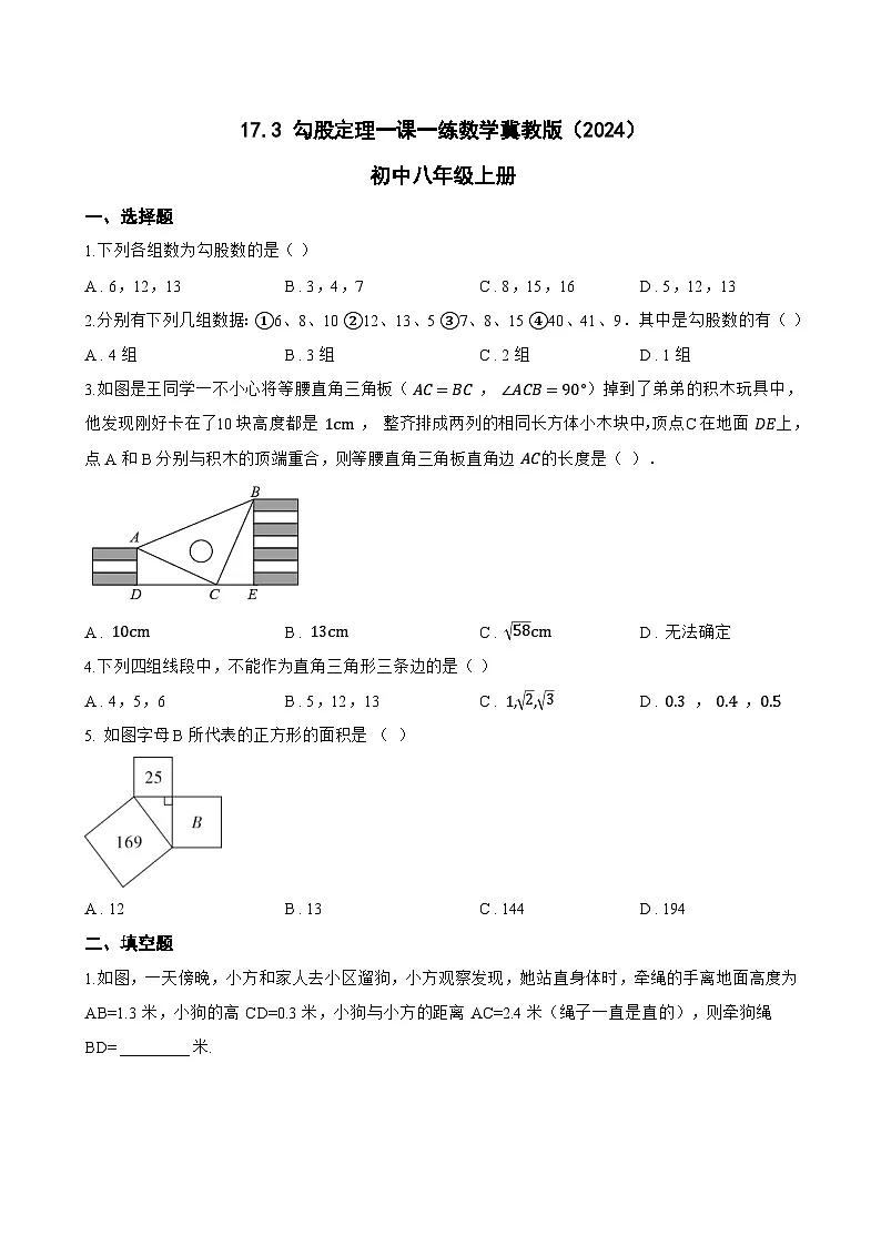 17.3 勾股定理一课一练数学冀教版（2024）初中八年级上册(无答案)第1页