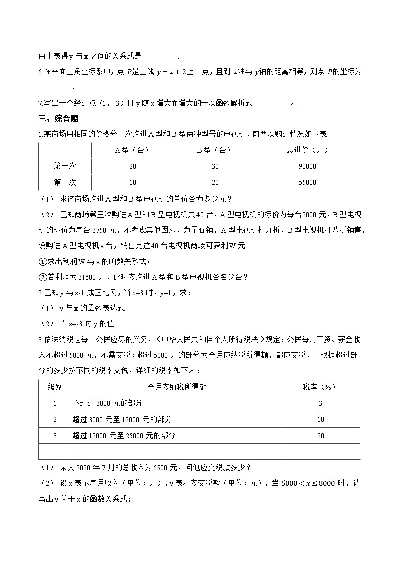 2 认识一次函数一课一练数学鲁教版（五四制）（2024）初中七年级上册(无答案)第2页