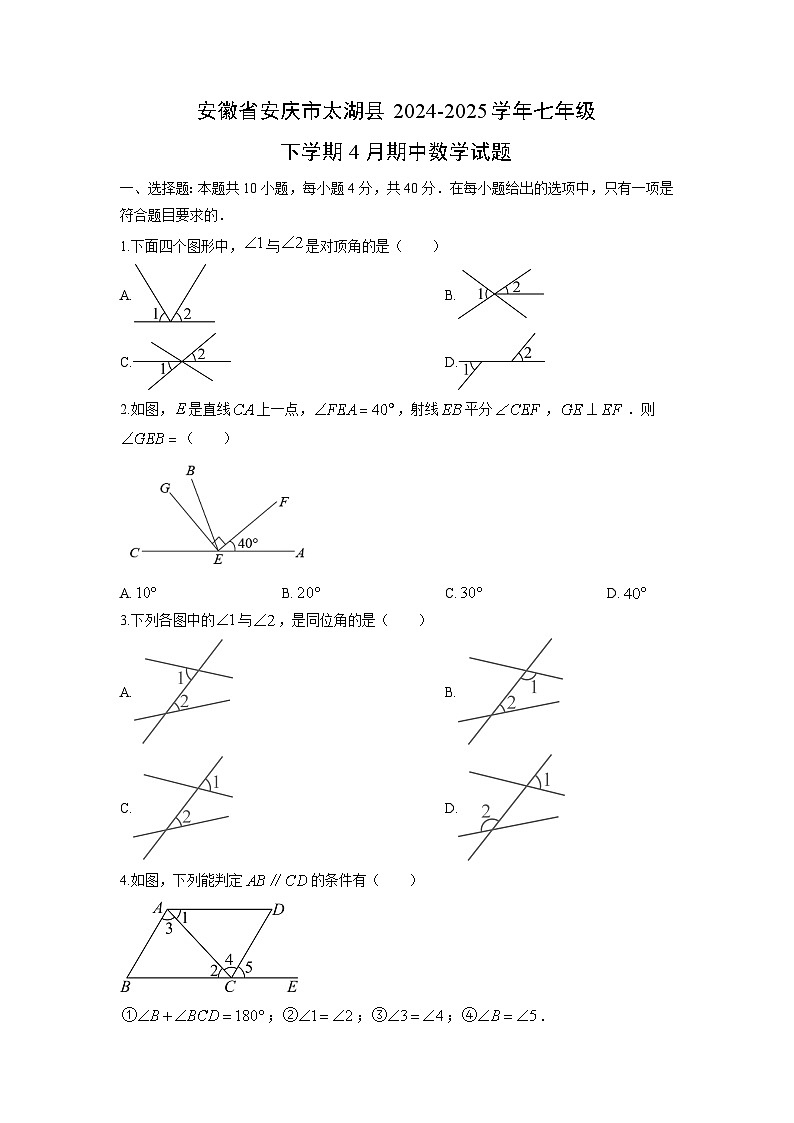 2024-2025学年安徽省安庆市太湖县七年级下学期4月期中数学试卷（学生版）第1页