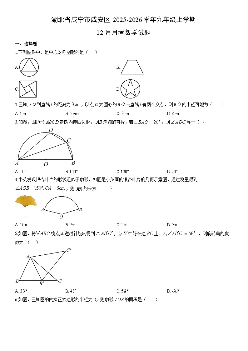 2025-2026学年湖北省咸宁市咸安区九年级上学期12月月考数学试卷（学生版）第1页
