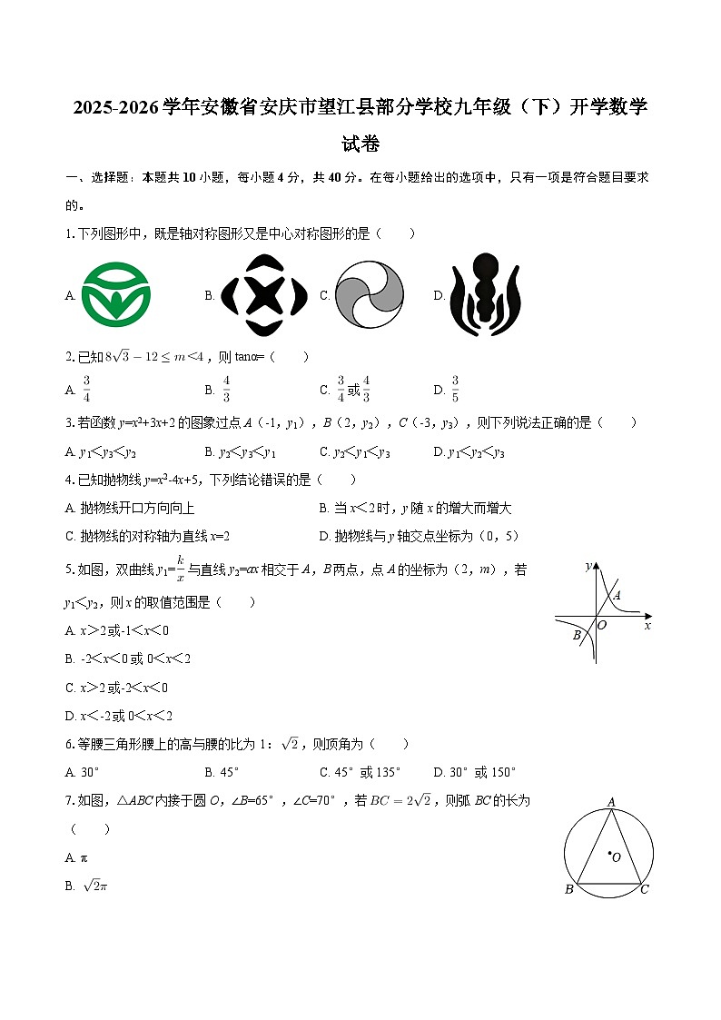 2025-2026学年安徽省安庆市望江县部分学校九年级（下）开学数学试卷-自定义类型第1页