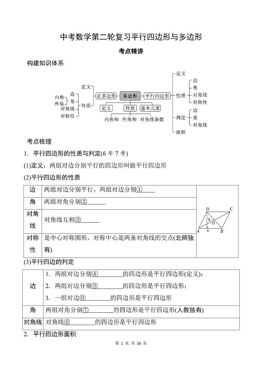 中考数学第二轮复习平行四边形与多边形专项练习(含答案)第1页