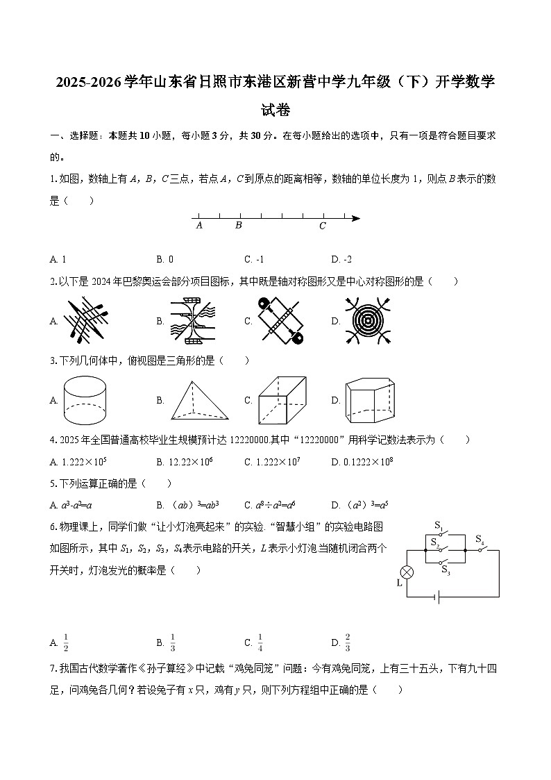 2025-2026学年山东省日照市东港区新营中学九年级（下）开学数学试卷-自定义类型第1页