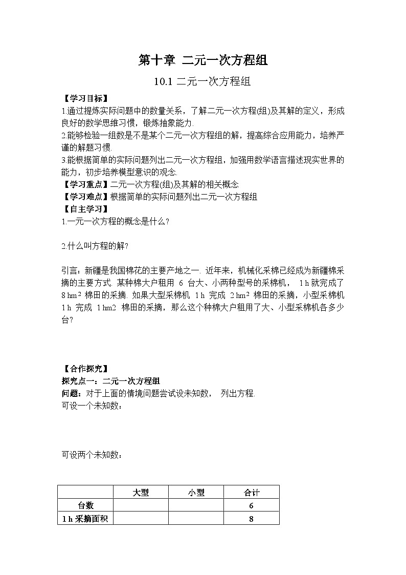 10.1 二元一次方程组-导学案--2025-2026学年人教版数学七年级下册第1页