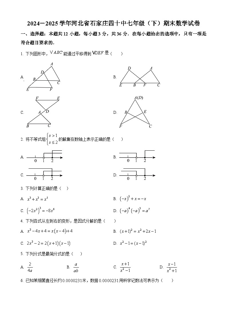 2024-2025学年河北省石家庄市第四十中学七年级下学期期末数学试卷第1页