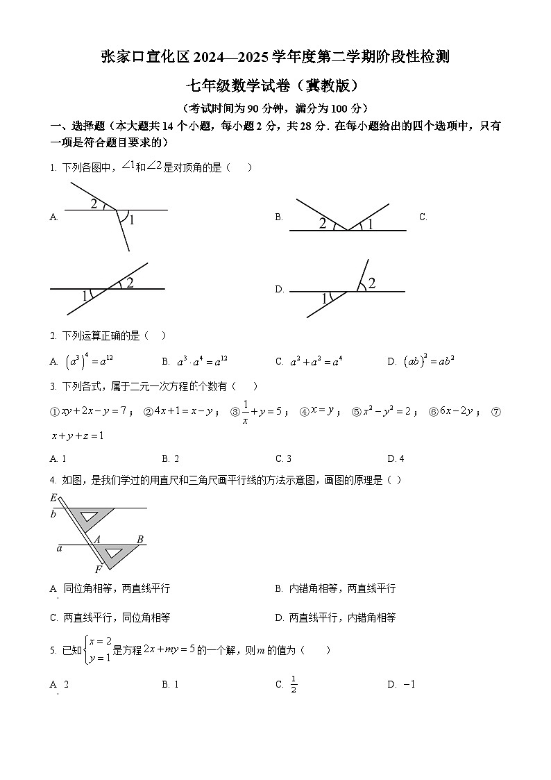 2024-2025学年河北省张家口市宣化区七年级下学期期中考试数学试题第1页