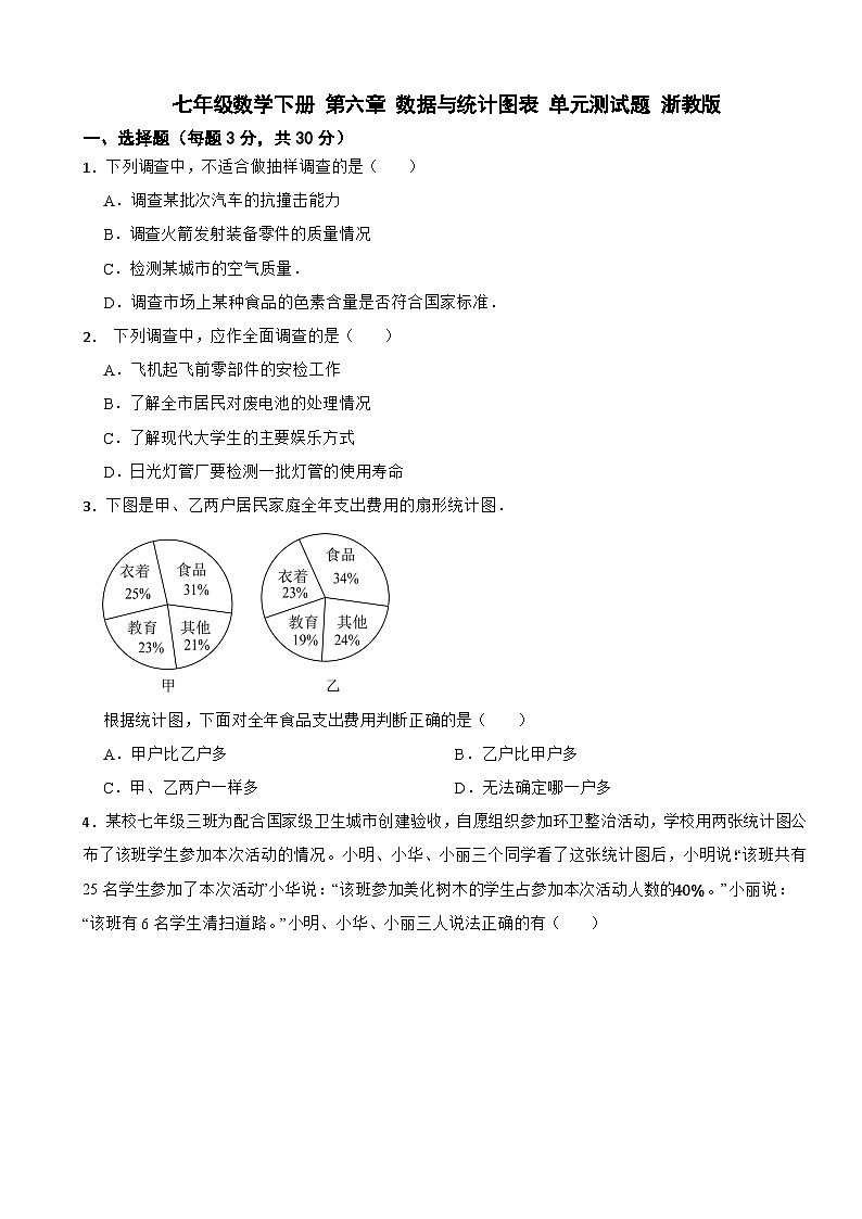 七年级数学下册 第六章 数据与统计图表 单元测试题 浙教版（含解析）第1页
