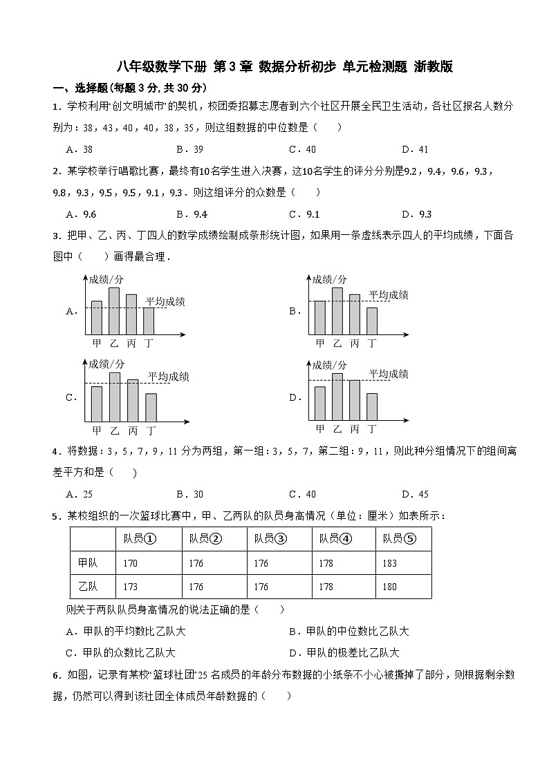 八年级数学下册 第3章 数据分析初步 单元检测题 浙教版（含解析）第1页