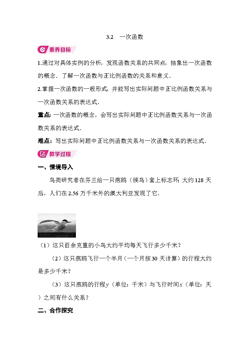 3.2 一次函数 教案湘教版数学八年级下册第1页