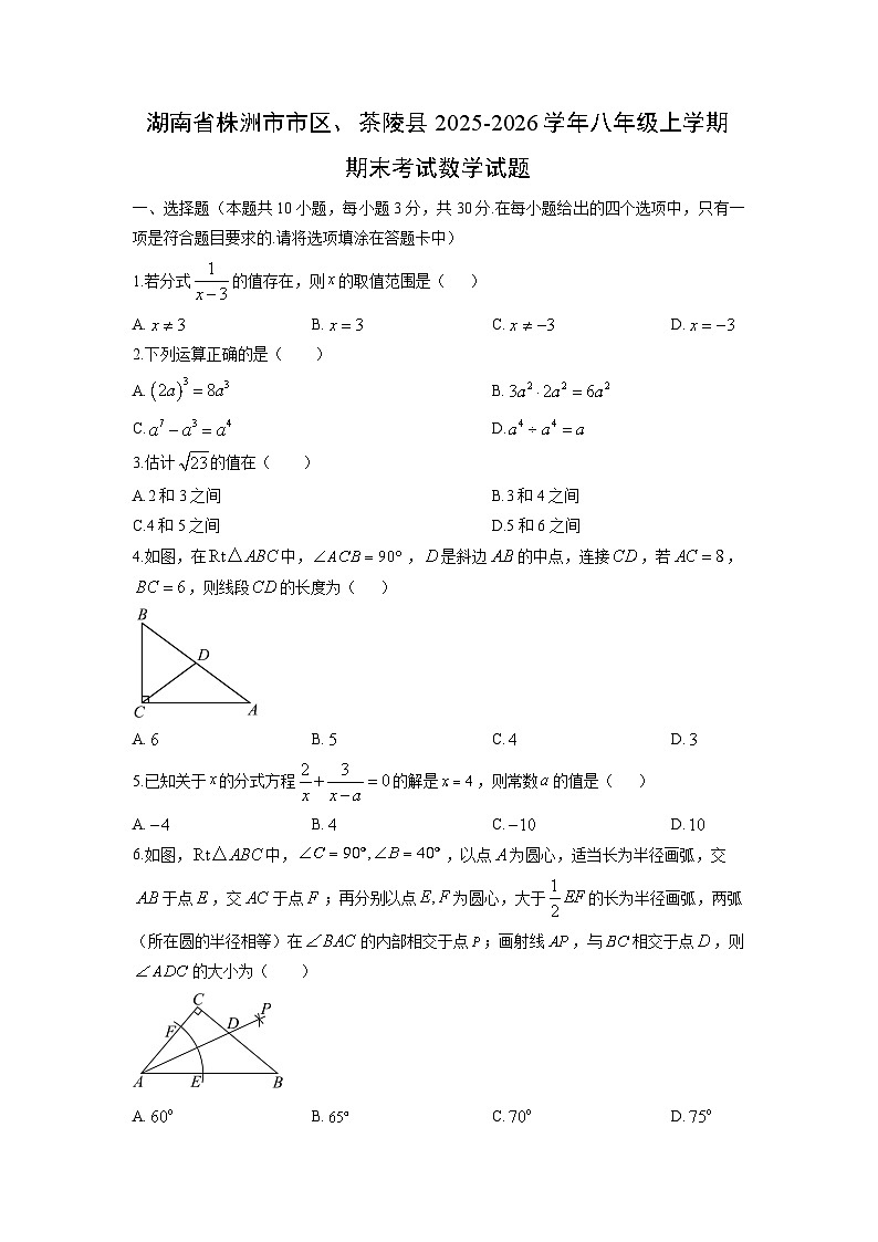 2025-2026学年湖南省株洲市市区、茶陵县八年级上学期期末考试数学试卷（学生版）第1页