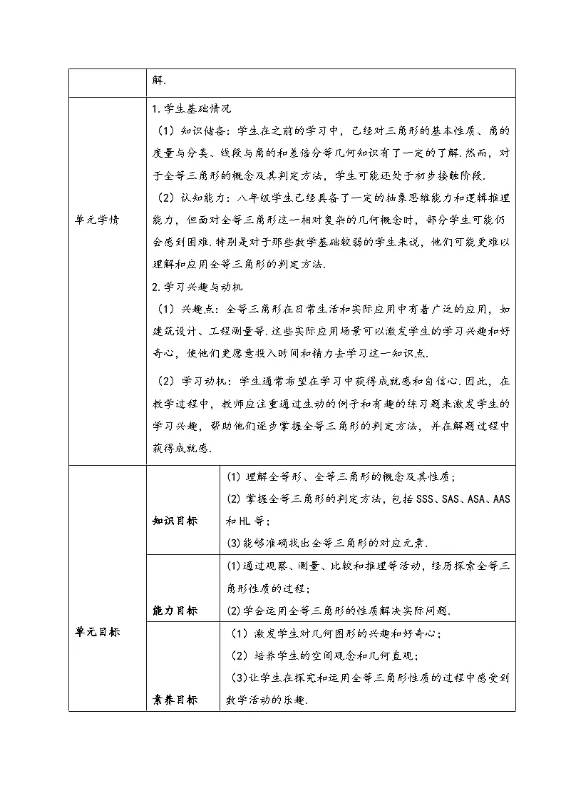 【新教材】沪科版（2024）八年级上册数学：第十四章 全等三角形 教案【表格式】第2页