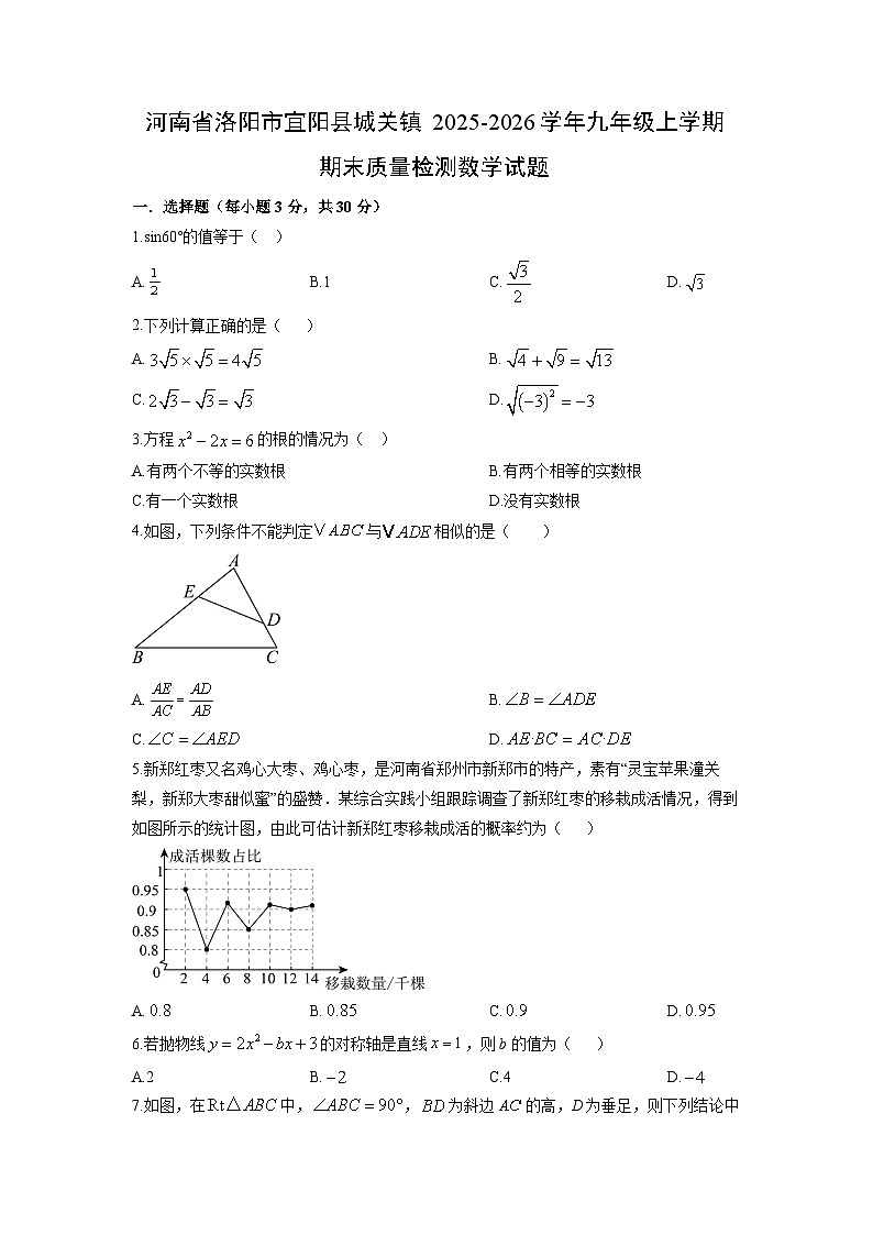 2025-2026学年河南省洛阳市宜阳县城关镇九年级上学期期末质量检测数学试卷（学生版）第1页