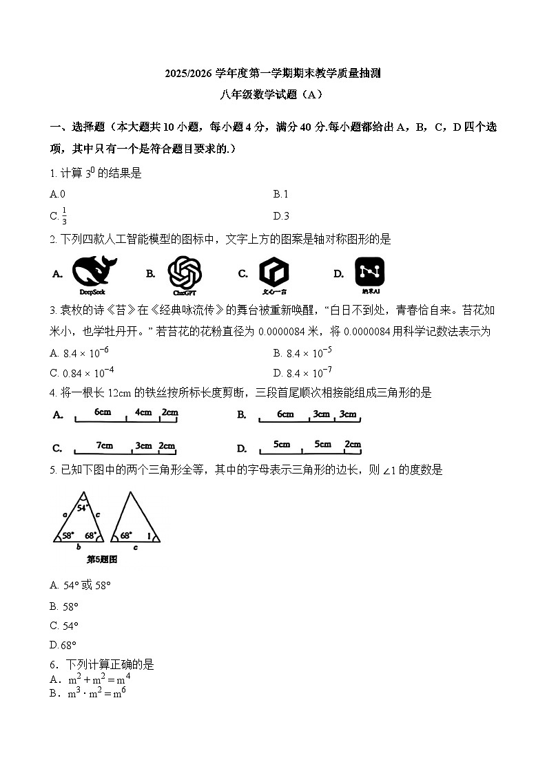 安徽省合肥市庐江县2025-2026学年上学期期末八年级 数学试卷第1页